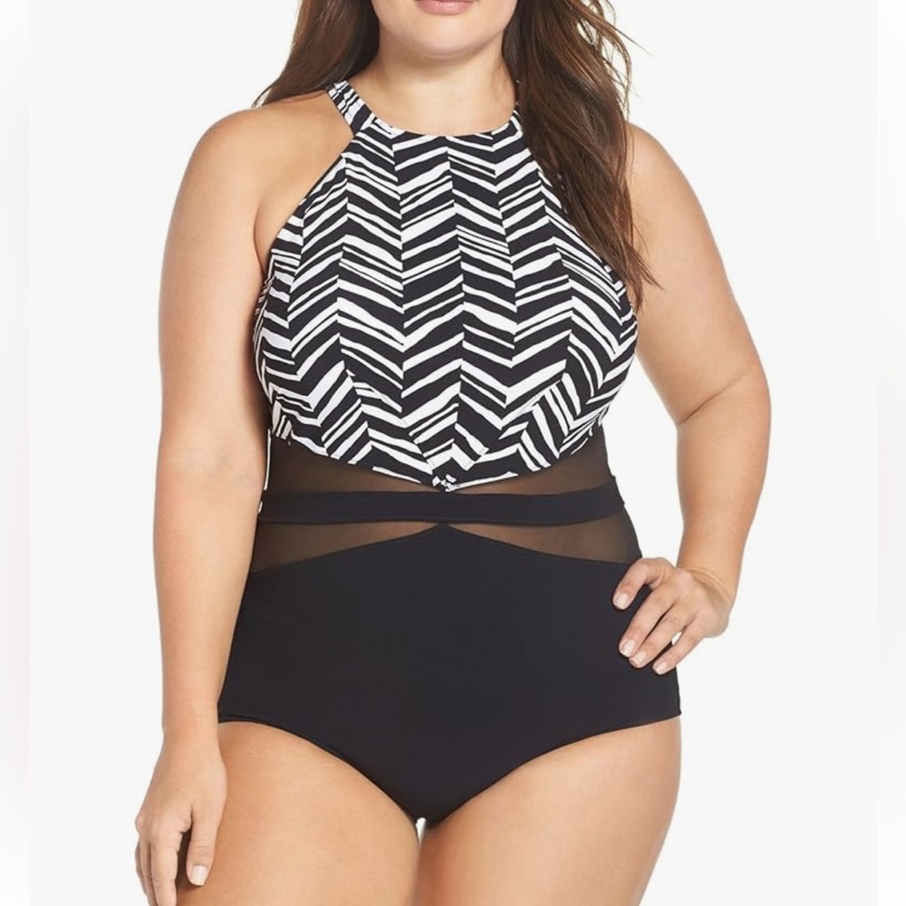 Profile by Gottex Marble Print One-Piece Swimsuit Black White Sz 14 - Picture 2 of 14